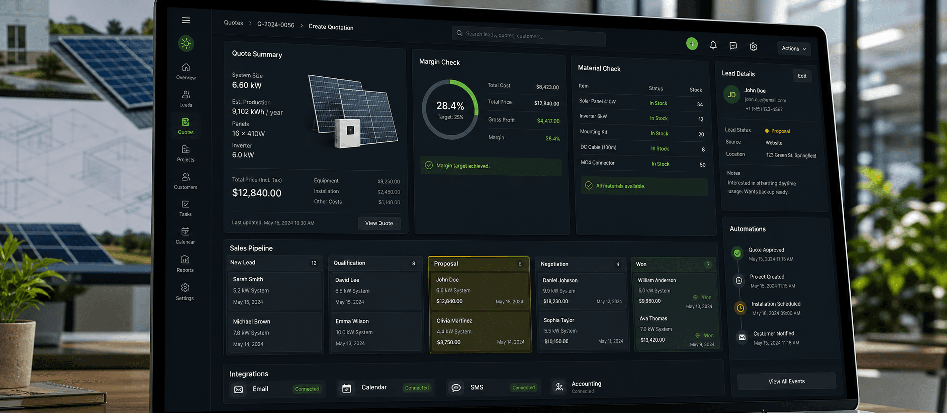 Interfaz de sistema de presupuestos fotovoltaicos con automatizaciones e integraciones