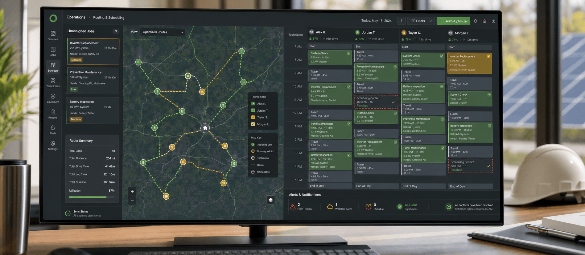 Dashboard de rutas técnicas con mapa, calendario y asignación de instalaciones solares